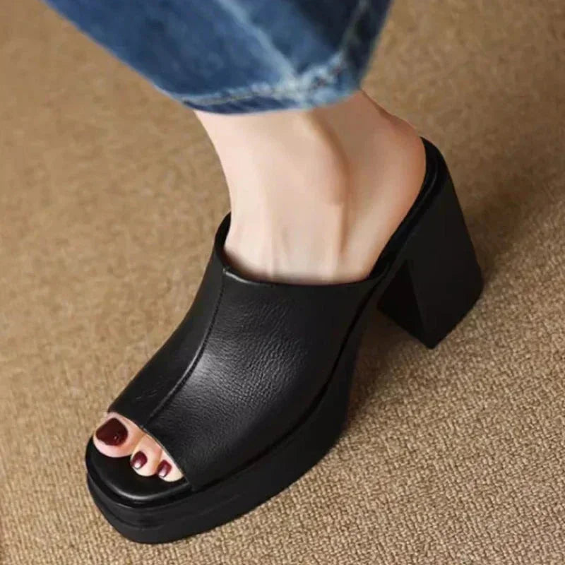 Women's Leather Platform Mule Sandals with Peep Toe
