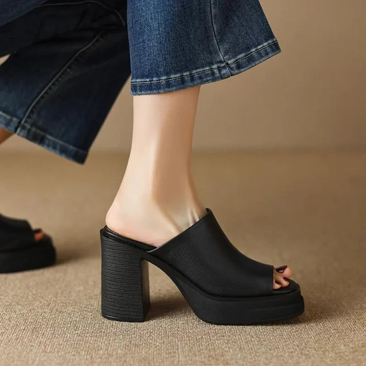 Women's Leather Platform Mule Sandals with Peep Toe