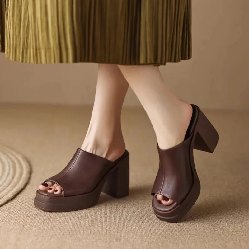 Women's Leather Platform Mule Sandals with Peep Toe