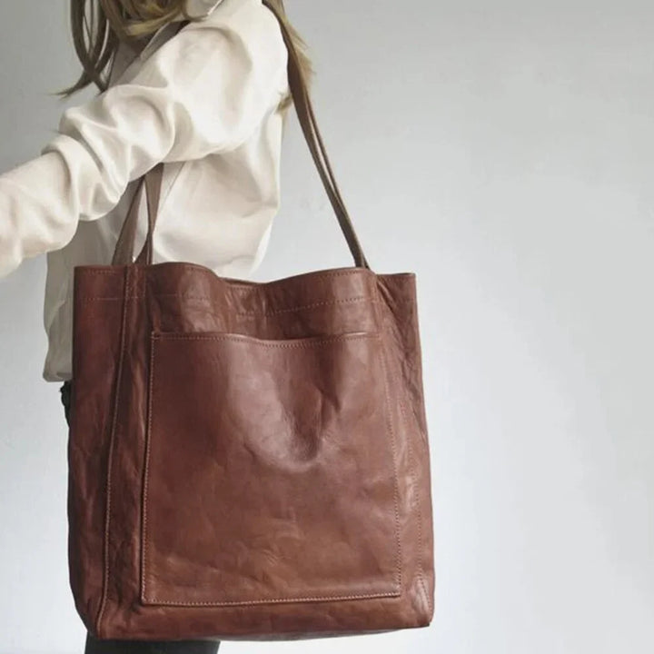 Brown Leather Tote Bag with Magnetic Snap Closure
