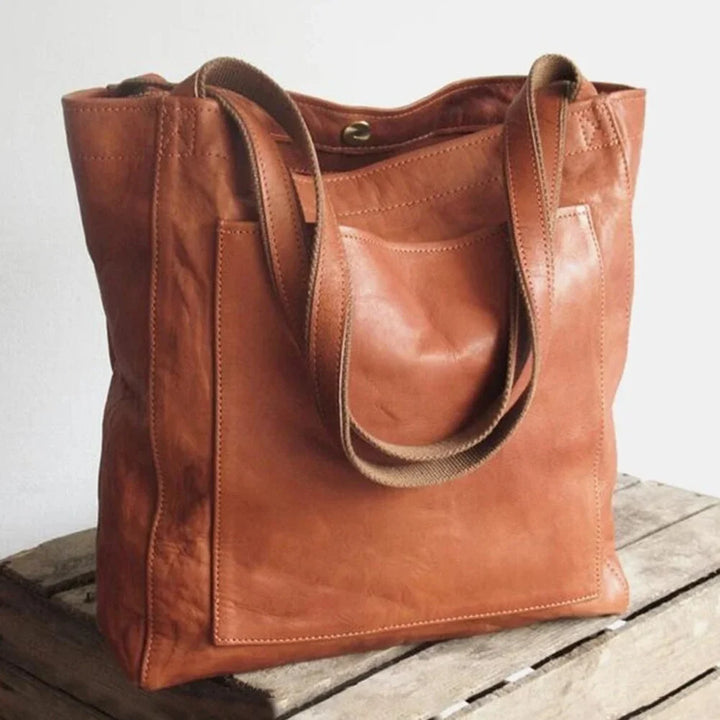 Brown Leather Tote Bag with Magnetic Snap Closure