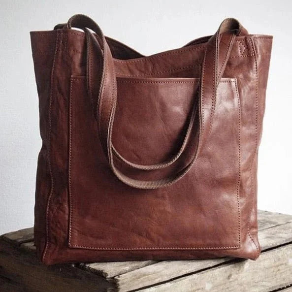 Brown Leather Tote Bag with Magnetic Snap Closure