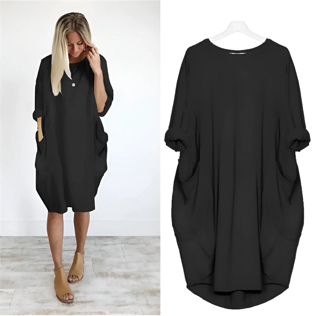 Oversized Midi Dress with 3/4 Sleeve and Patch Pockets