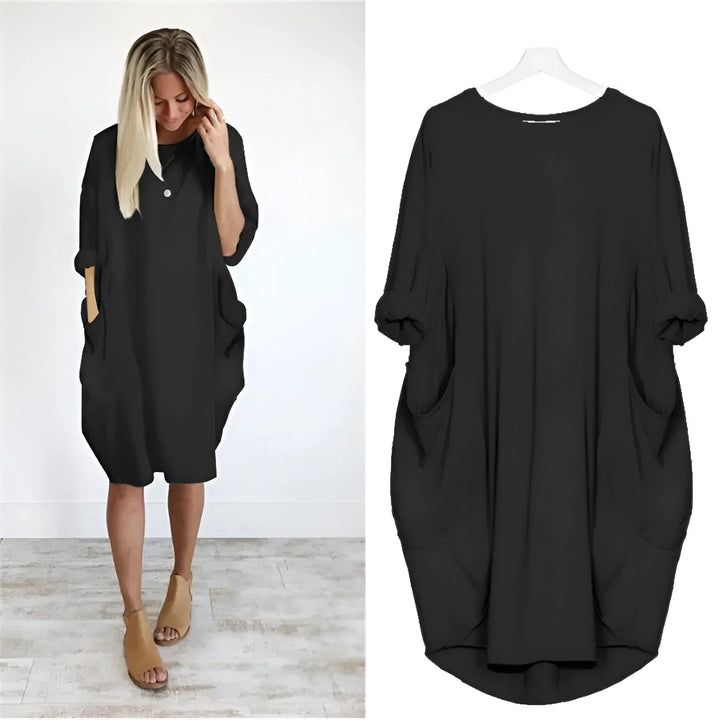 Oversized Midi Dress with 3/4 Sleeve and Patch Pockets