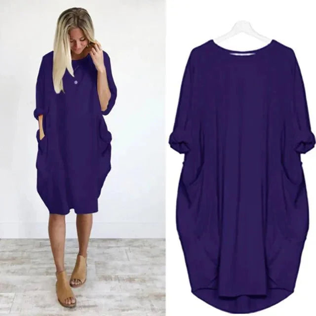 Oversized Midi Dress with 3/4 Sleeve and Patch Pockets