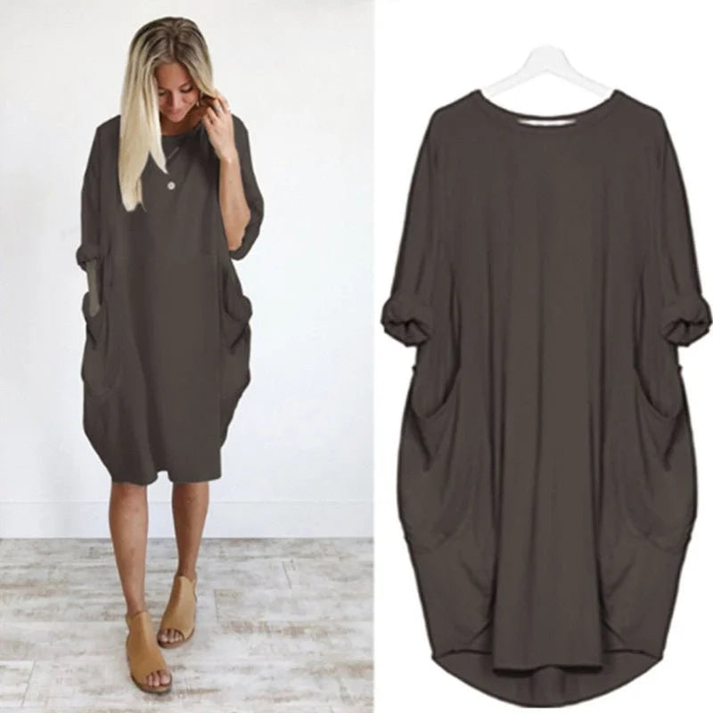 Oversized Midi Dress with 3/4 Sleeve and Patch Pockets