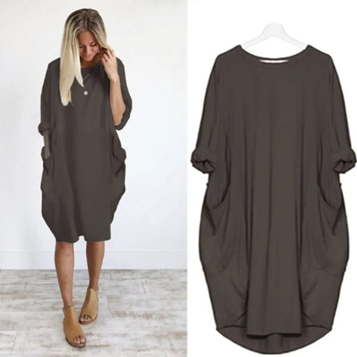 Oversized Midi Dress with 3/4 Sleeve and Patch Pockets