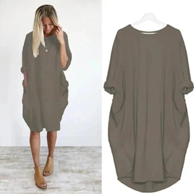 Oversized Midi Dress with 3/4 Sleeve and Patch Pockets