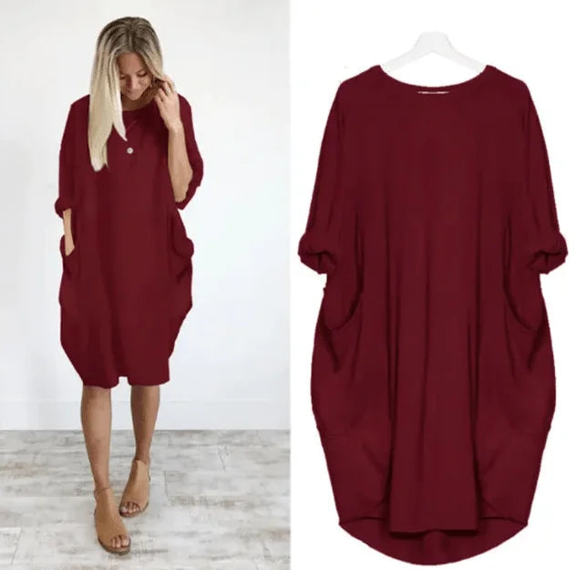 Oversized Midi Dress with 3/4 Sleeve and Patch Pockets