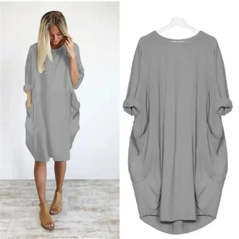 Oversized Midi Dress with 3/4 Sleeve and Patch Pockets