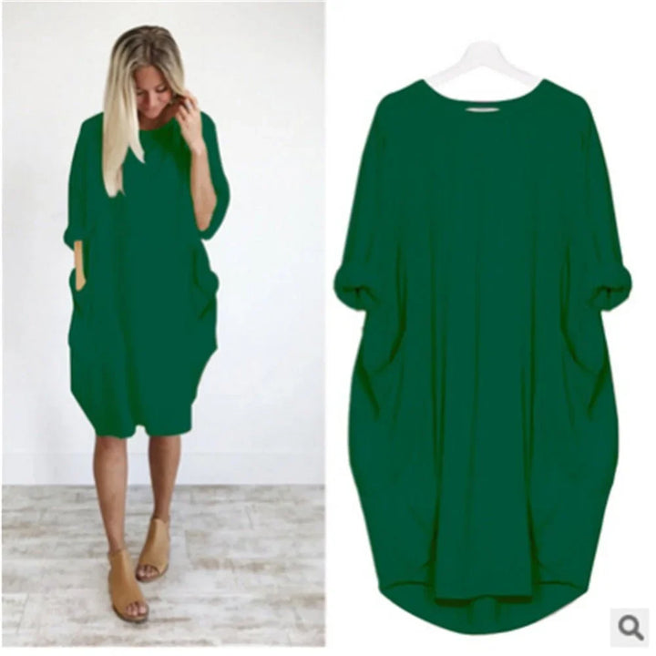Oversized Midi Dress with 3/4 Sleeve and Patch Pockets