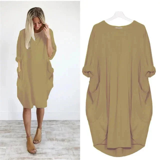Oversized Midi Dress with 3/4 Sleeve and Patch Pockets