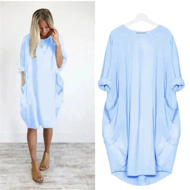 Oversized Midi Dress with 3/4 Sleeve and Patch Pockets