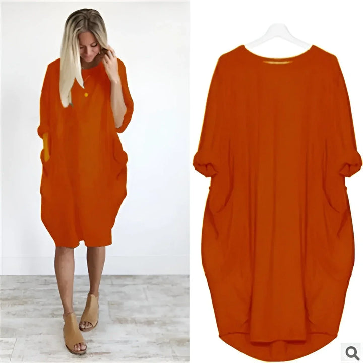 Oversized Midi Dress with 3/4 Sleeve and Patch Pockets
