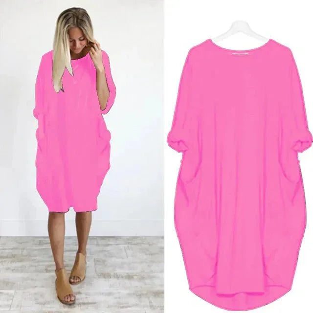 Oversized Midi Dress with 3/4 Sleeve and Patch Pockets