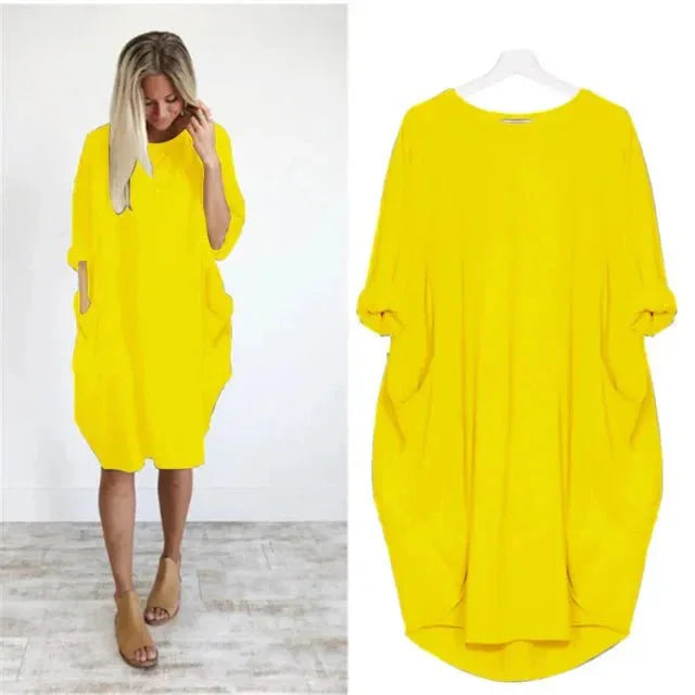 Oversized Midi Dress with 3/4 Sleeve and Patch Pockets