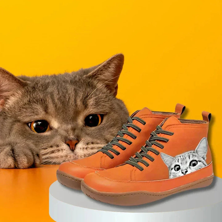 Cat Print Lace-Up High-Top Ankle Boots