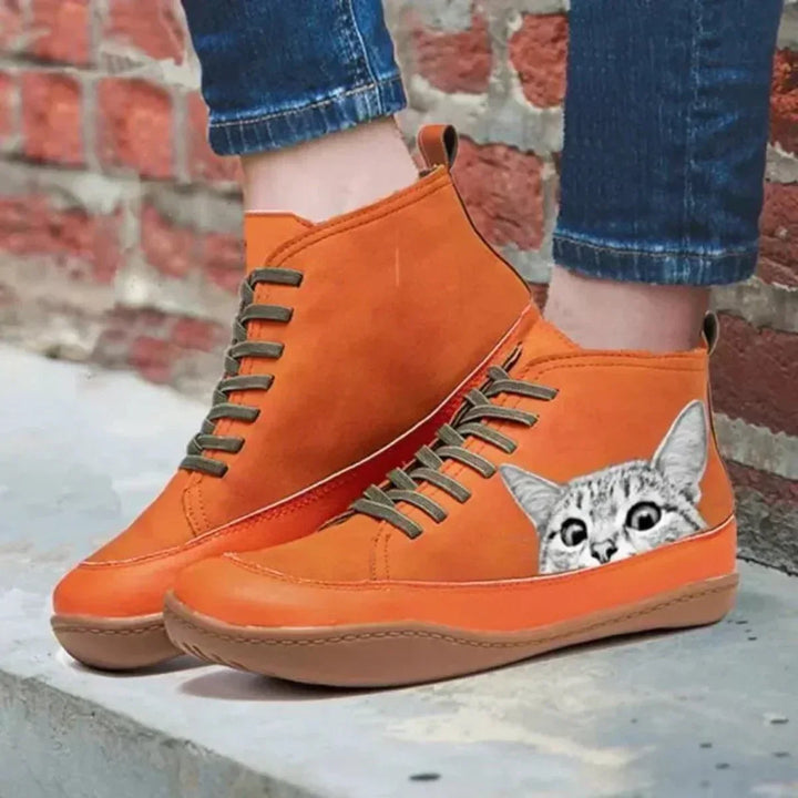 Cat Print Lace-Up High-Top Ankle Boots