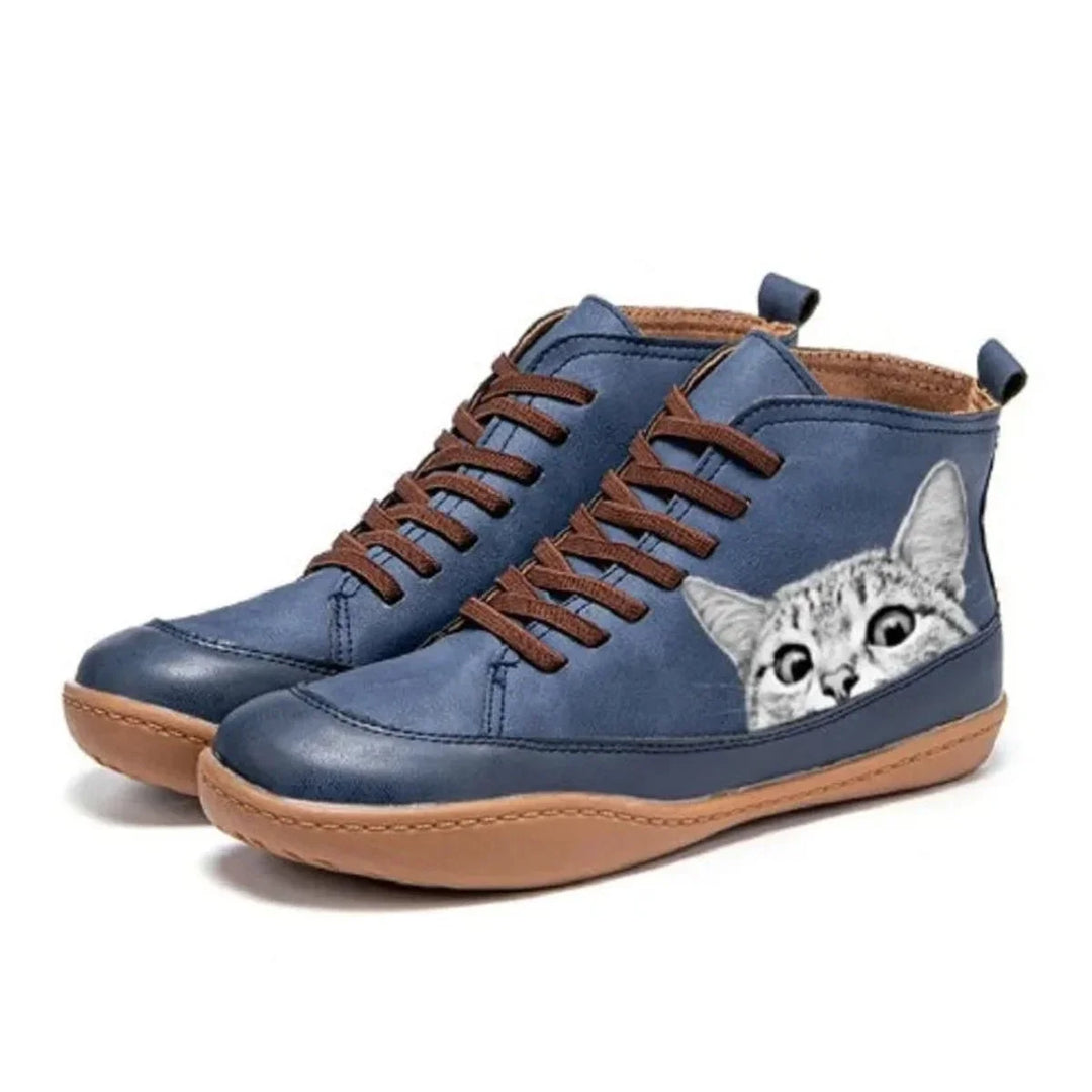 Cat Print Lace-Up High-Top Ankle Boots
