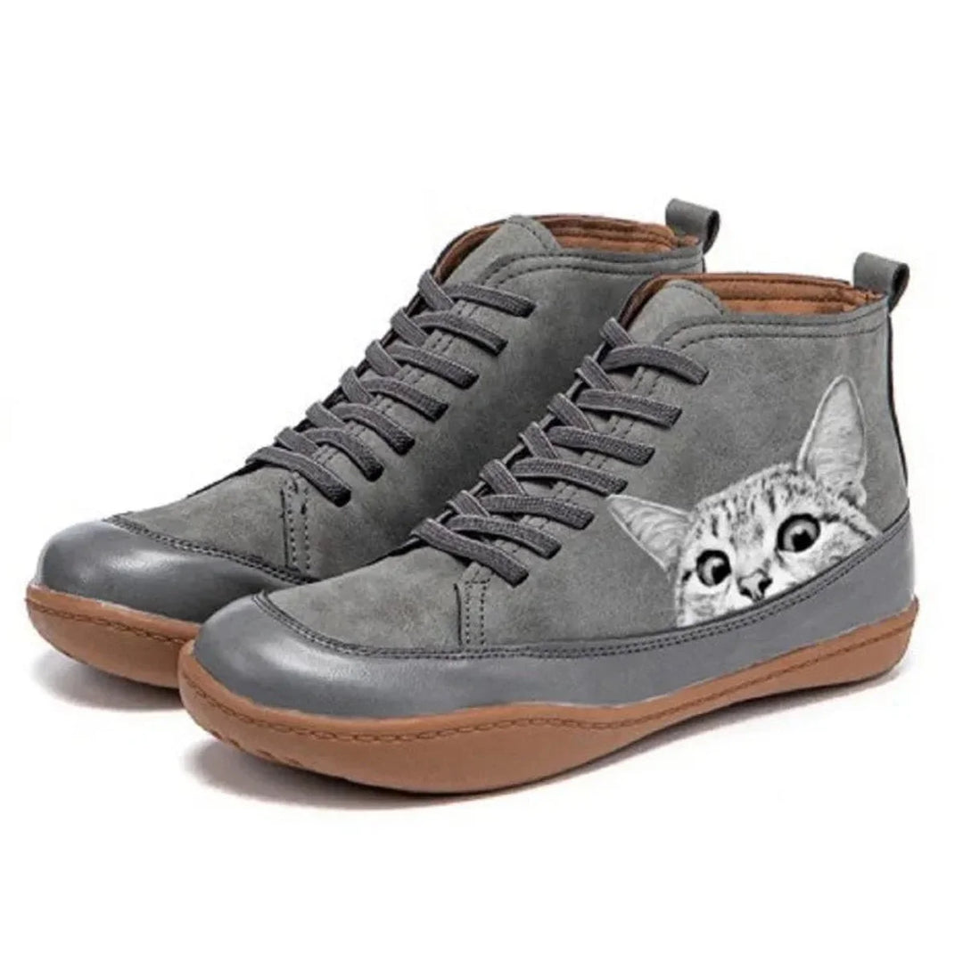 Cat Print Lace-Up High-Top Ankle Boots