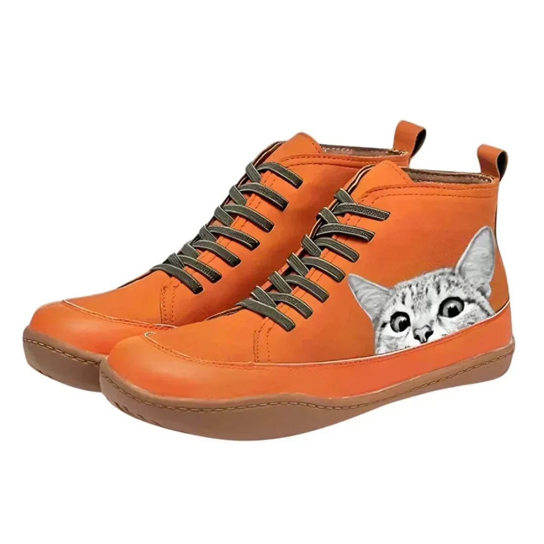 Cat Print Lace-Up High-Top Ankle Boots