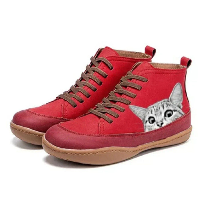Cat Print Lace-Up High-Top Ankle Boots