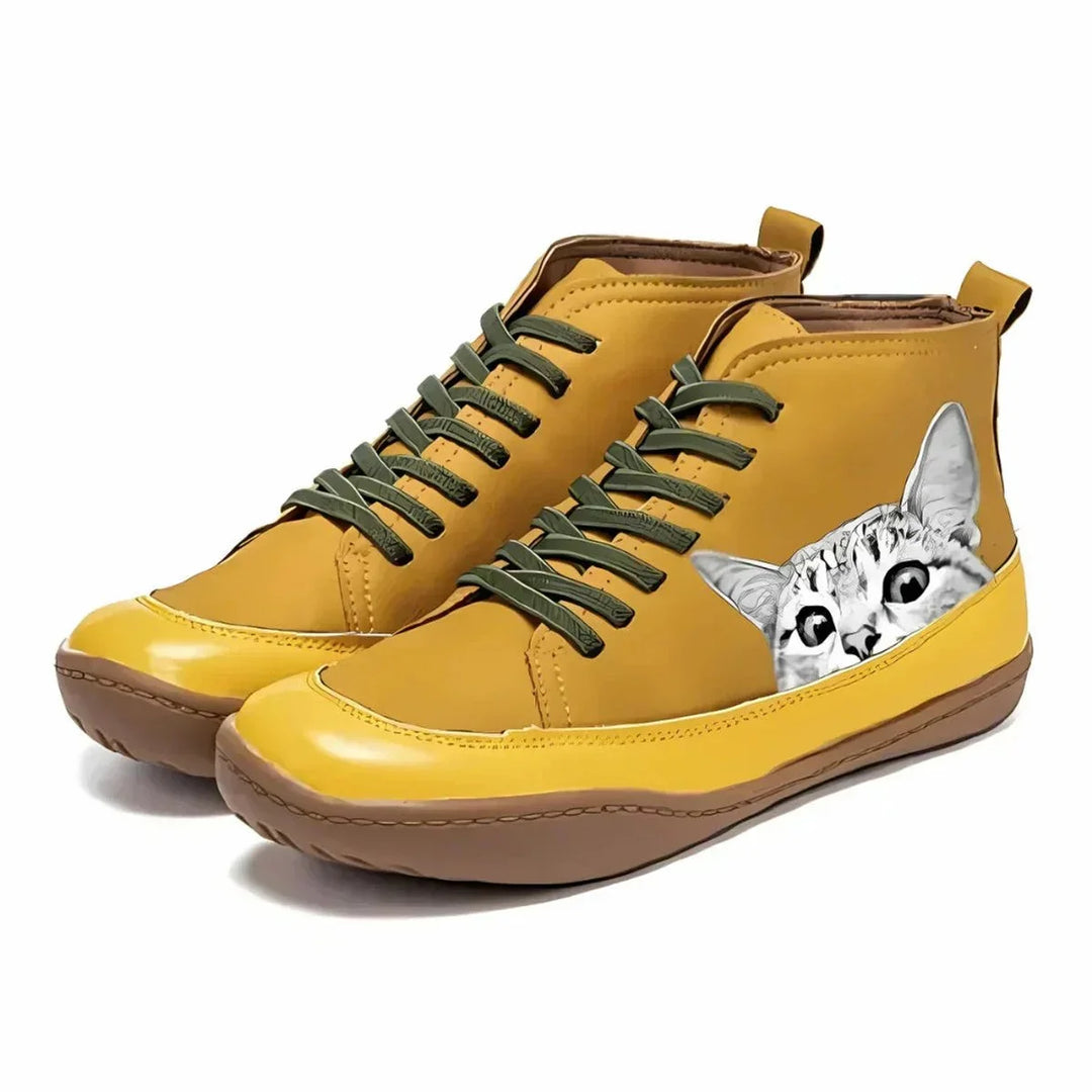 Cat Print Lace-Up High-Top Ankle Boots