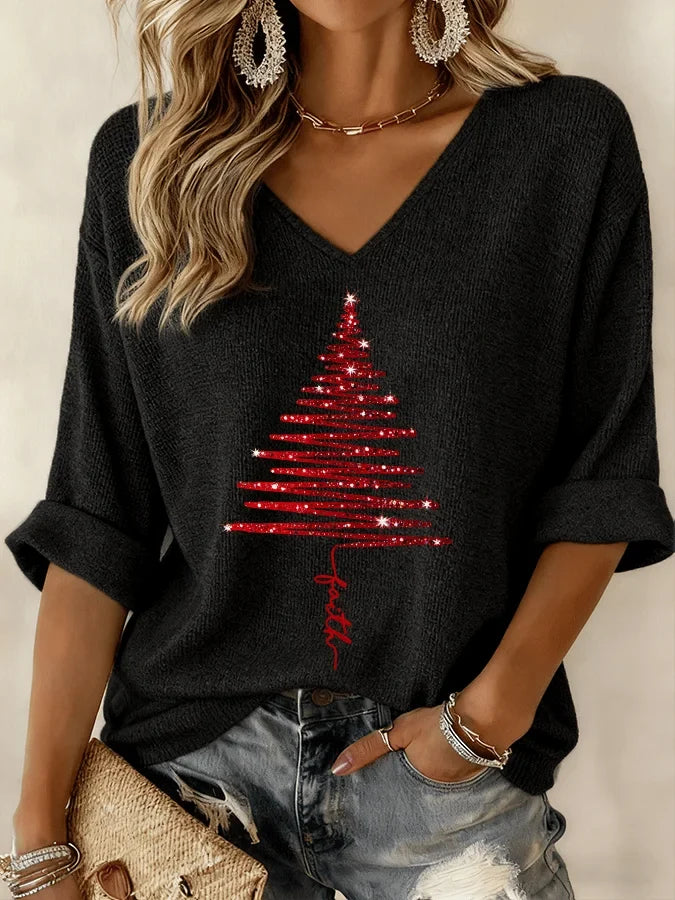 Christmas Knit Graphic Blouse with V-Neck