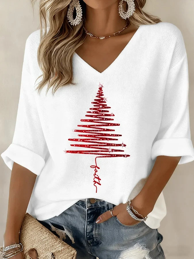 Christmas Knit Graphic Blouse with V-Neck