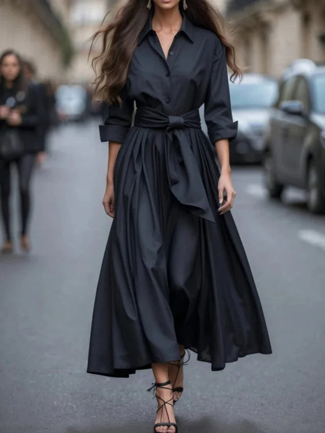 Collared Long Sleeve Maxi Dress with Self-Tie Waist