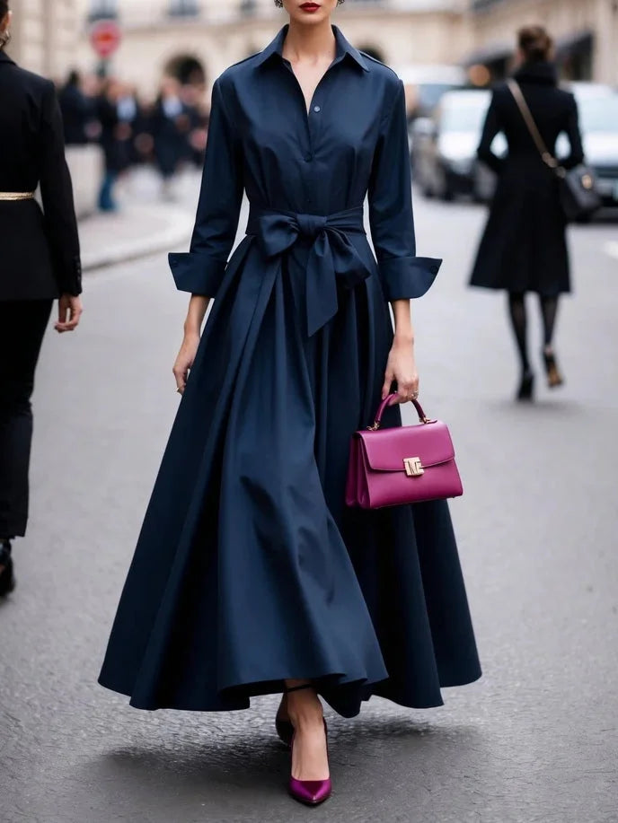 Collared Long Sleeve Maxi Dress with Self-Tie Waist