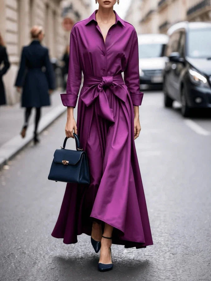 Collared Long Sleeve Maxi Dress with Self-Tie Waist