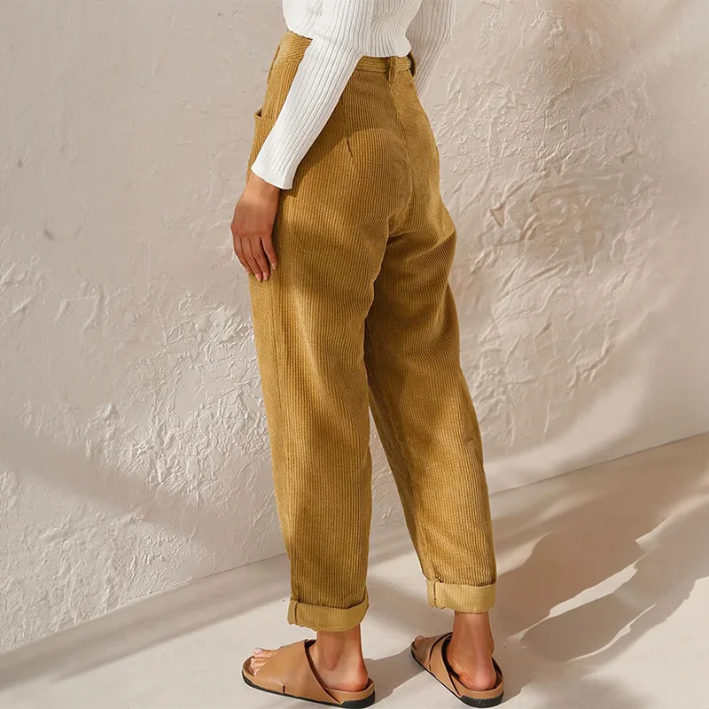 Corduroy High-Waisted Pleated Tapered Trousers