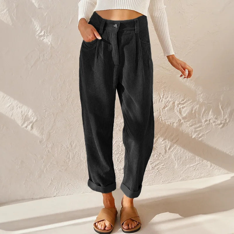 Corduroy High-Waisted Pleated Tapered Trousers