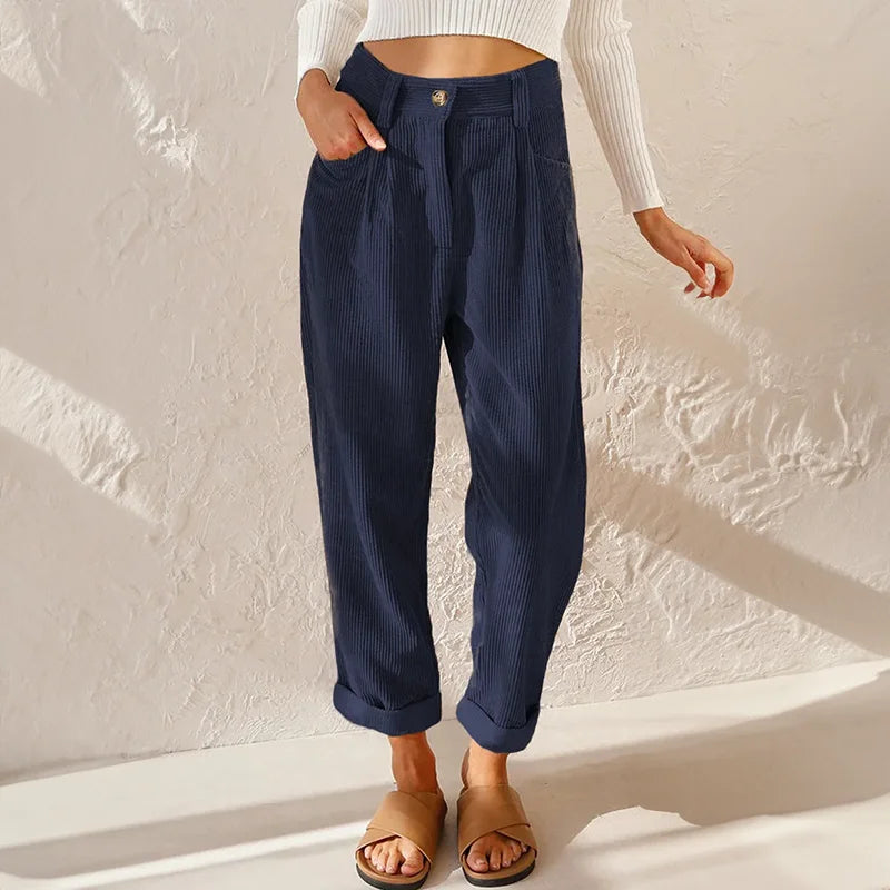 Corduroy High-Waisted Pleated Tapered Trousers