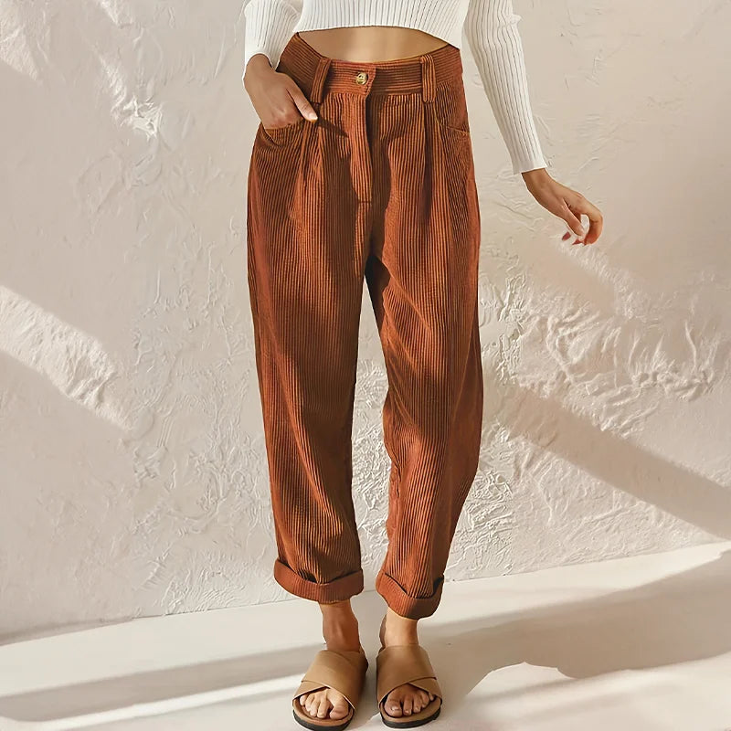Corduroy High-Waisted Pleated Tapered Trousers