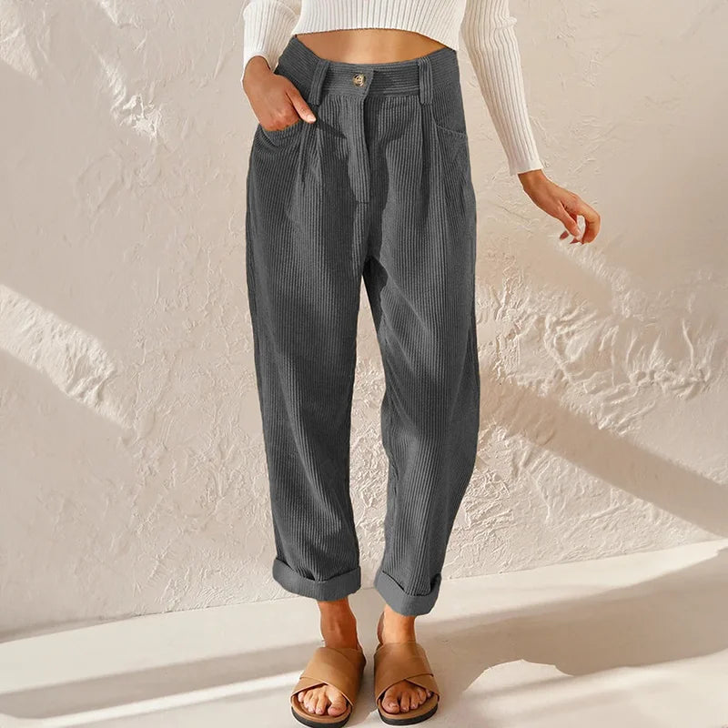 Corduroy High-Waisted Pleated Tapered Trousers