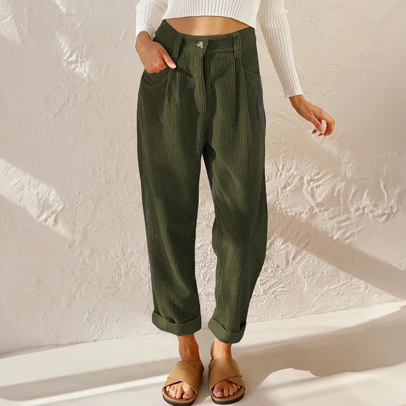Corduroy High-Waisted Pleated Tapered Trousers