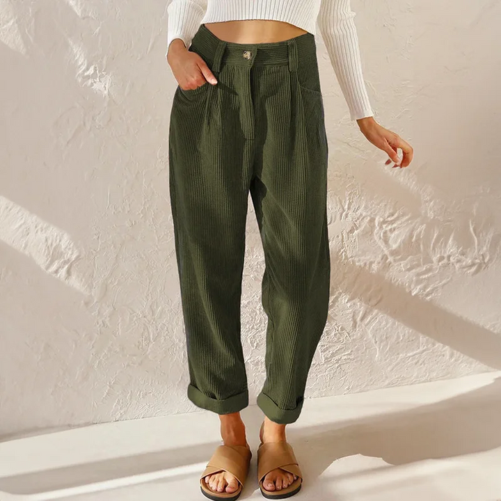 Corduroy High-Waisted Pleated Tapered Trousers