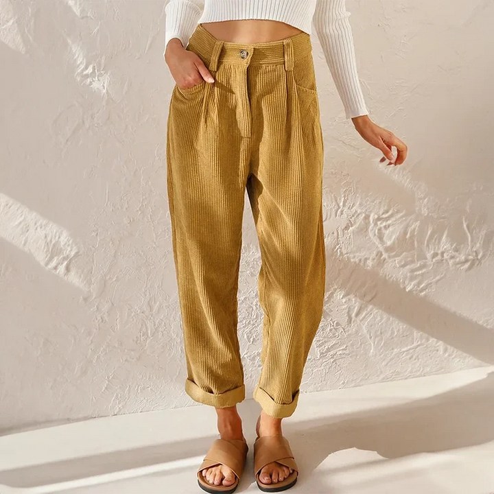 Corduroy High-Waisted Pleated Tapered Trousers