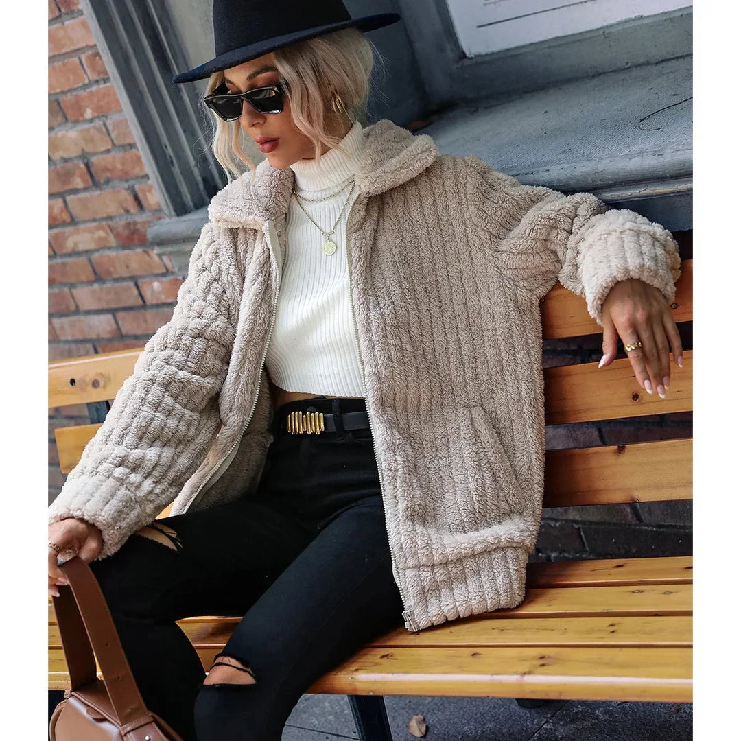 Cosy Fuzzy Fleece Zip-Up Jacket with Wide Collar