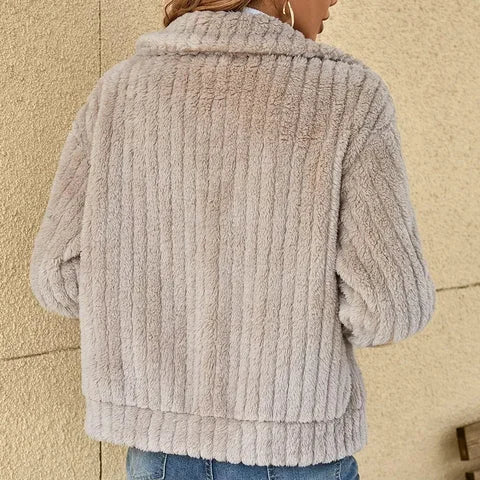 Cosy Fuzzy Fleece Zip-Up Jacket with Wide Collar