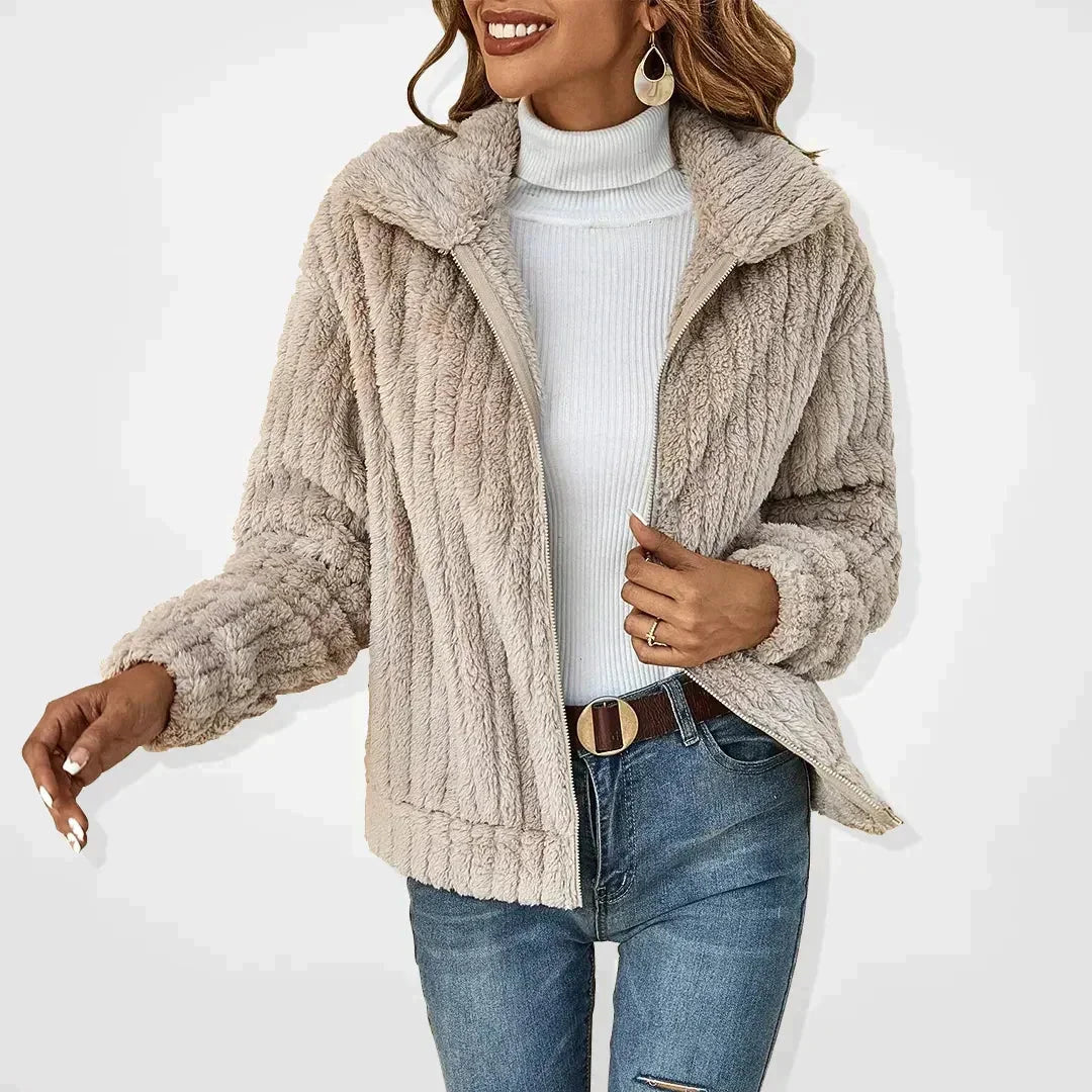 Cosy Fuzzy Fleece Zip-Up Jacket with Wide Collar
