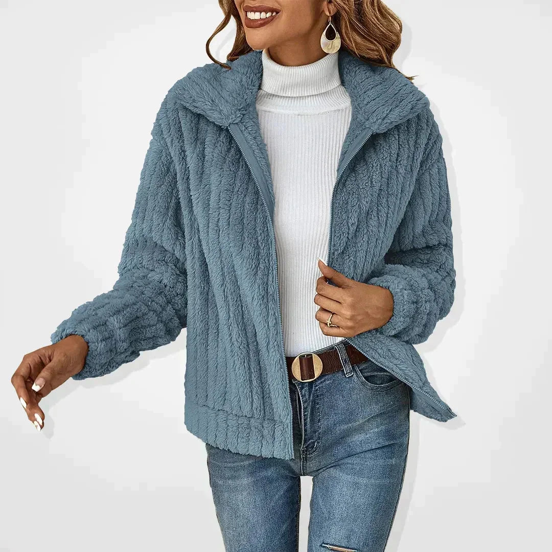 Cosy Fuzzy Fleece Zip-Up Jacket with Wide Collar