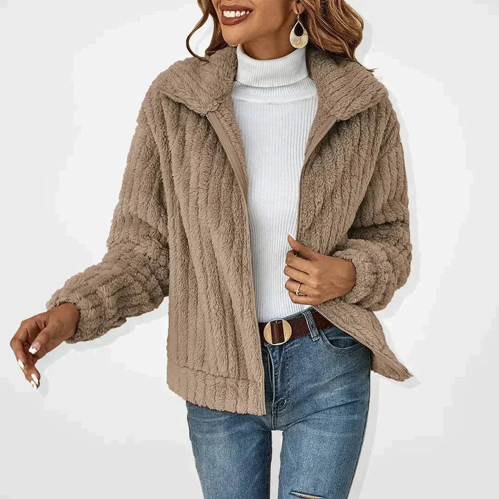 Cosy Fuzzy Fleece Zip-Up Jacket with Wide Collar