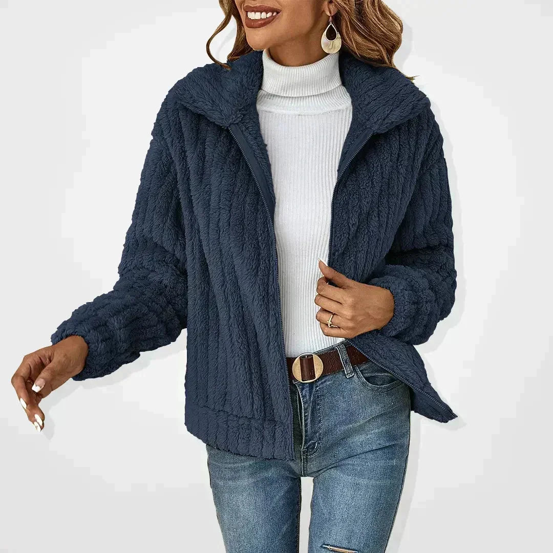 Cosy Fuzzy Fleece Zip-Up Jacket with Wide Collar