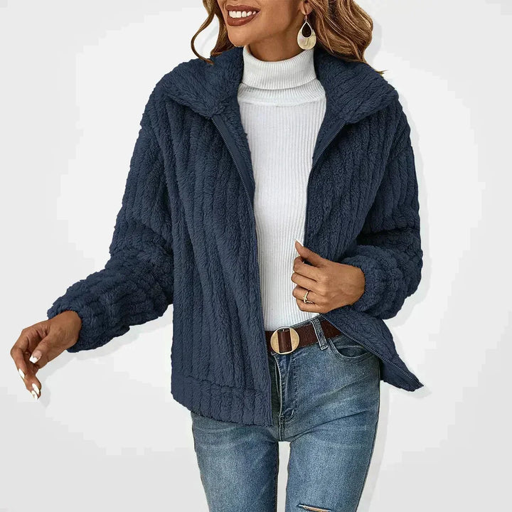 Cosy Fuzzy Fleece Zip-Up Jacket with Wide Collar
