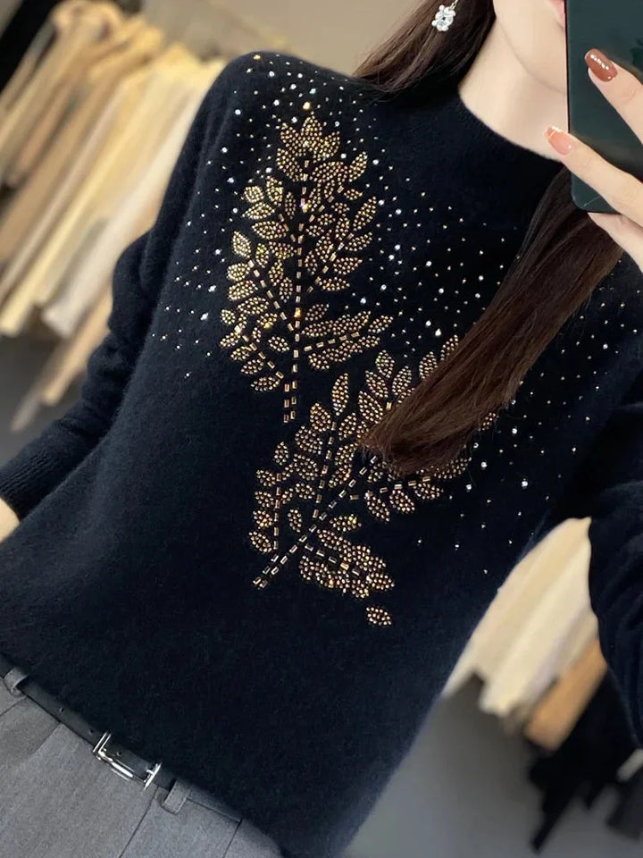 Rhinestone Leaf Pattern Mock Neck Knit Sweater