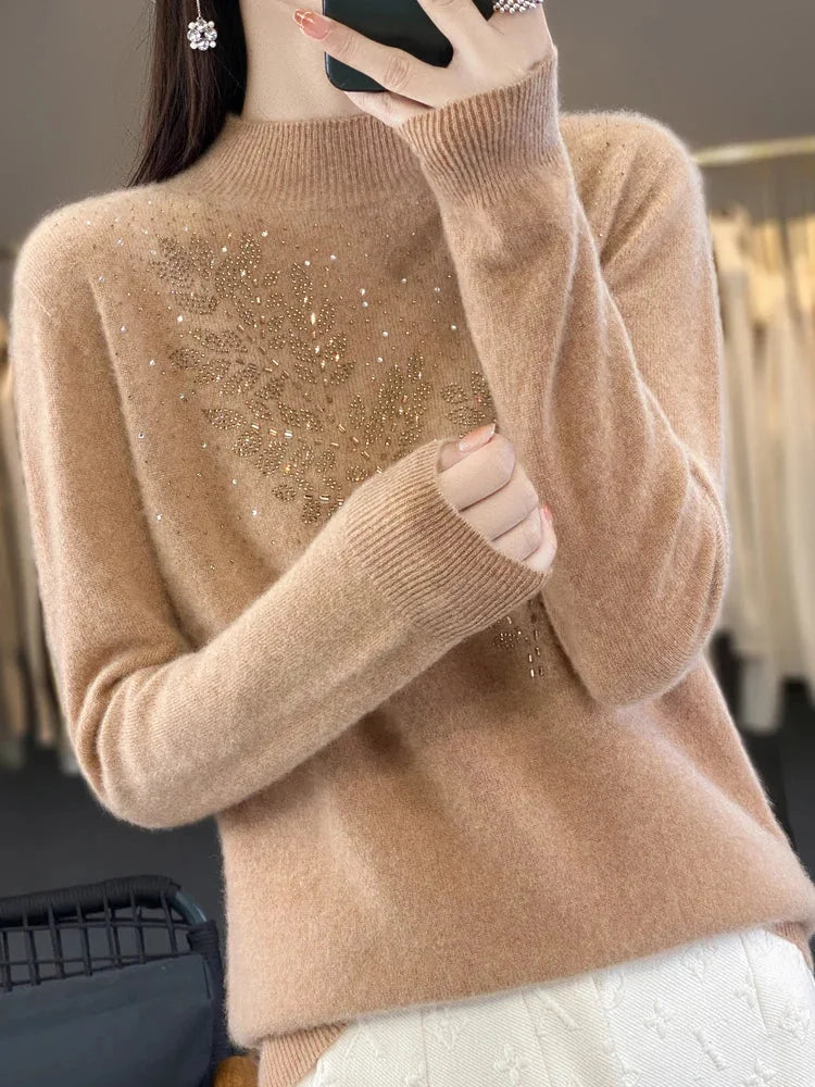 Rhinestone Leaf Pattern Mock Neck Knit Sweater