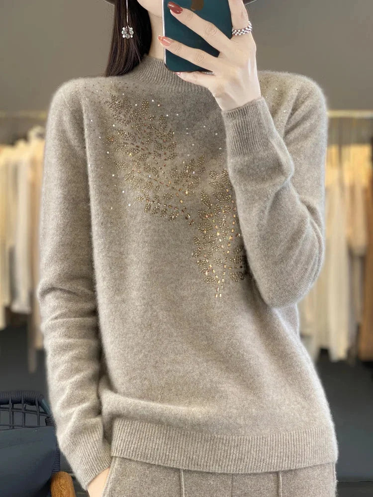 Rhinestone Leaf Pattern Mock Neck Knit Sweater